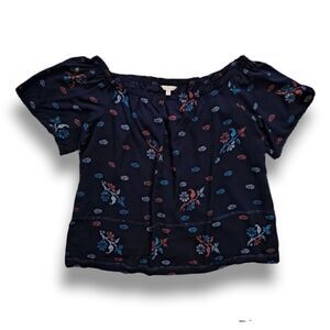 Beltaine Off the Shoulder Top Navy Blue Floral Medium